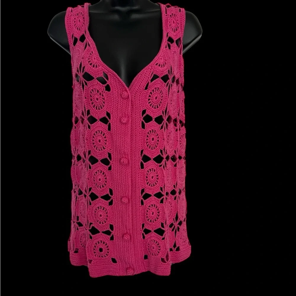 Pink Crochet Button-Up Vest size Medium - Picture 2 of 7